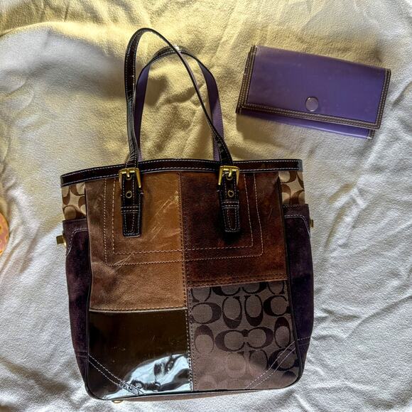 VTG Coach Holiday Patchwork Gallery Tote & Wallet Set - Brown/Multi No. F10432 - Picture 2 of 11